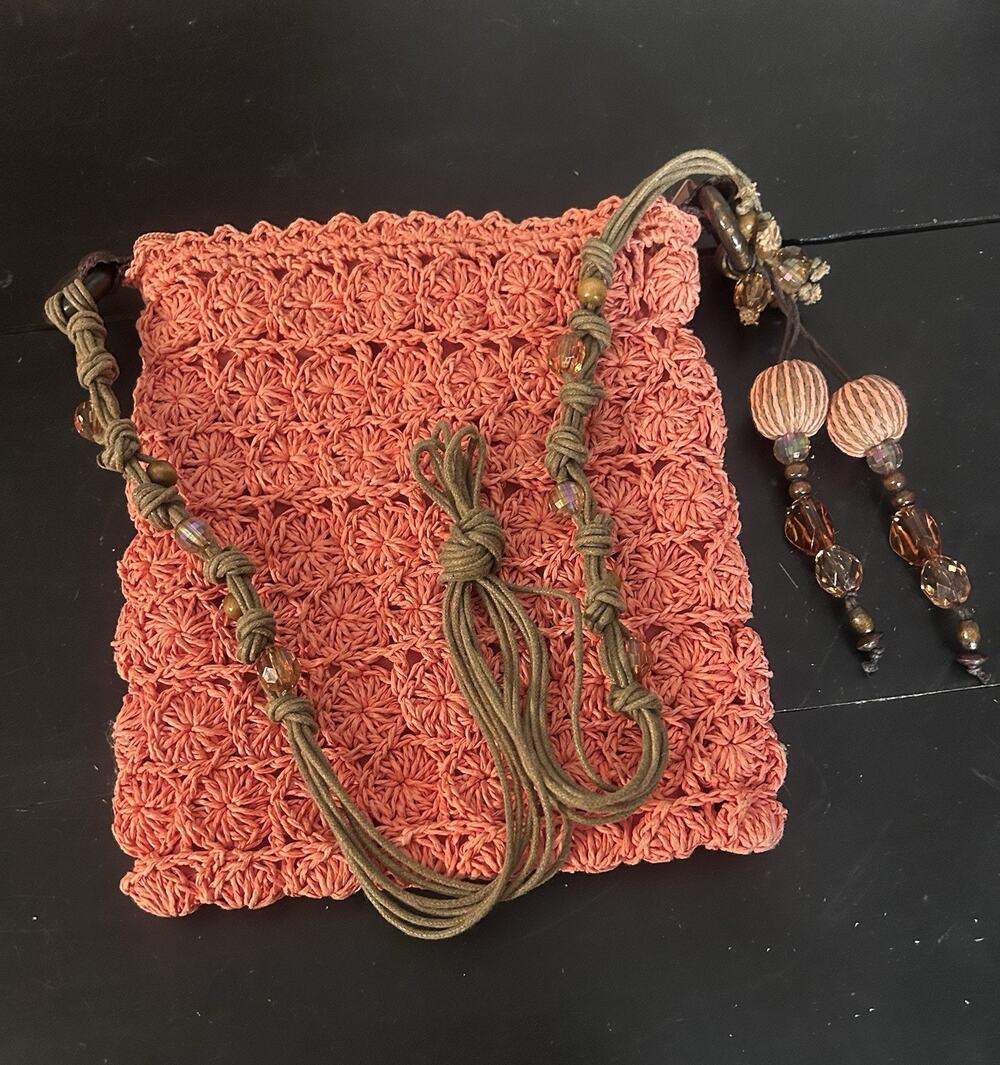 Vintage Cappelli Studio Inc Coral Crochet Macrame Shoulder Bag Beaded Boho Purse